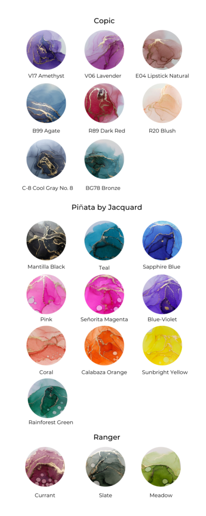 Alcohol Ink swatches by different ink brands